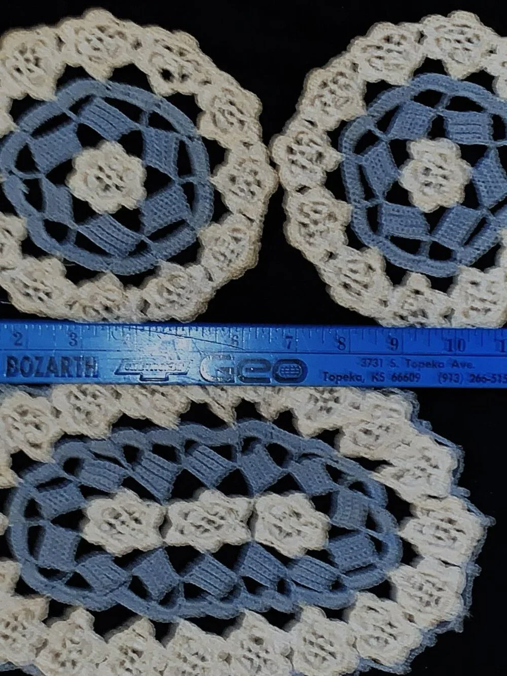MCM Doilies Crocheted Blue & White Chair Accent Set Yellow w Glass Beads 18” Vtg